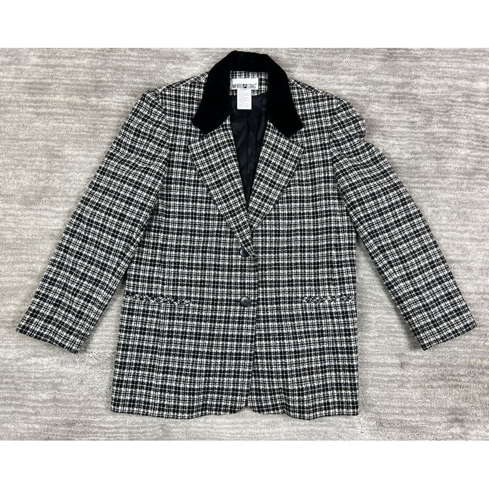 White Stag Blazer Womens 8 Black White Plaid Wool Blend Jacket Career 80s